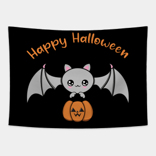 Happy Halloween Cute bat, Kawaii bat with pumpkin Tapestry