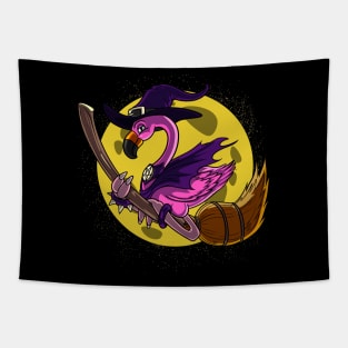 Flamingo Witch Riding Broom Halloween Tapestry