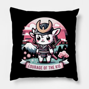 Kawaii Samurai Animal Lamb Warrior with Katana Cute in front of Fuji Mount Blossom Pillow