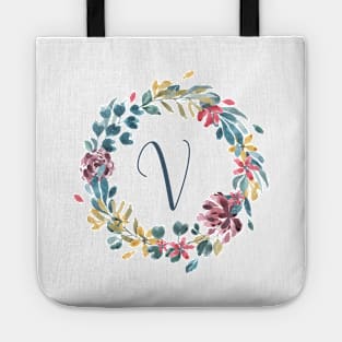 Floral Monogram V Colorful Full Blooms Tote