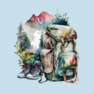 Backpack And Boots Watercolor Style Hiking Scene T-Shirt