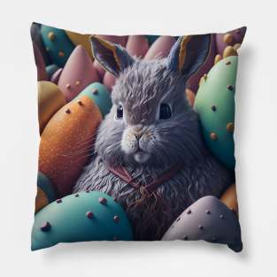 cute grey rabbit with eggs sticker Pillow