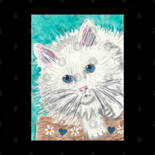 Fluffy white cat watercolor painting by SamsArtworks