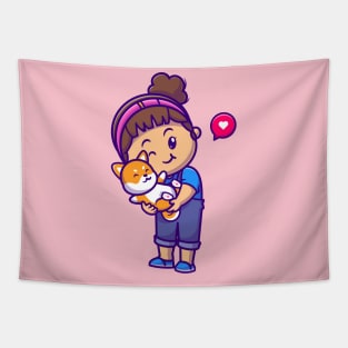 Cute Girl Hug Shiba Inu Dog Cartoon Tapestry