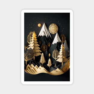 Gold and Black Wonderland - Whimsical Winter Holiday Mountainscape Forest Scene Magnet