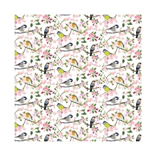 Garden Bird Illustration Pattern T-Shirt