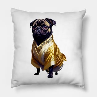 The Regal Pug: Adorned in a Golden Kimono Pillow