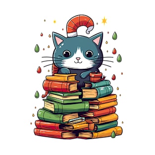 Funny Christmas Cat Books Tree T-Shirt