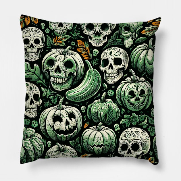 Calaveras y Calabazas Verdes Pillow by TheGhostLagarto15