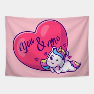 Cute Unicorn With Love Heart Cartoon Tapestry