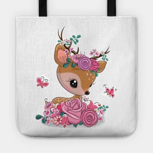 Cute roe deer with flowers on its head. Tote