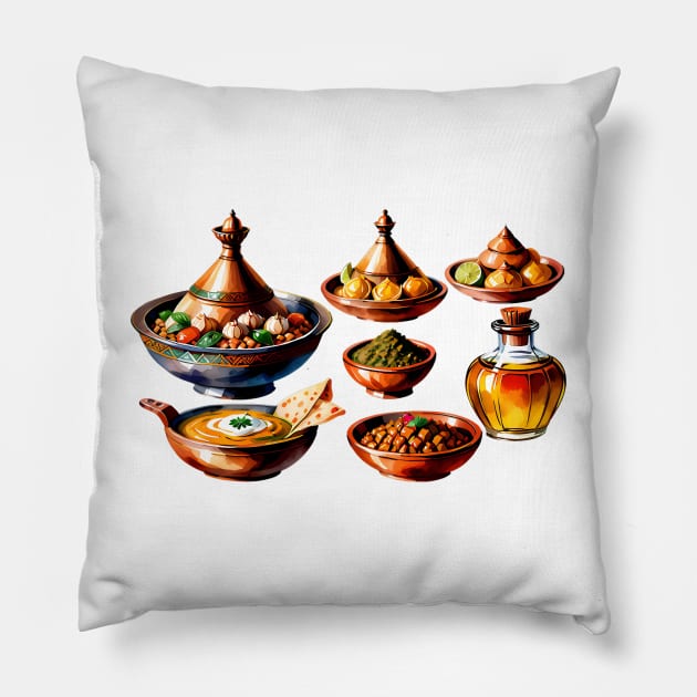 Moroccan Cuisine Food Kitchen in vibrant vector style Pillow by Panwise