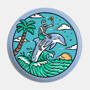 Funny Cartoon Skeleton Riding a Dolphin Pin