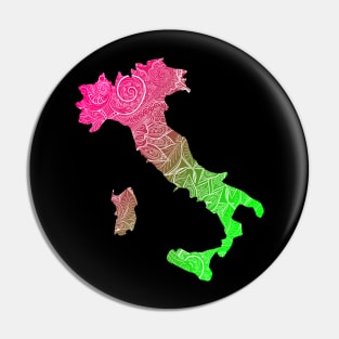 Colorful mandala art map of Italy with text in pink and green Pin