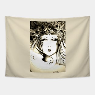 nouveau art print sketch lady floral face sepia drawing charcoal pen Tapestry