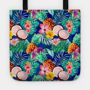 tropical pineapple exotic botanical illustration with floral tropical fruits,botanical pattern, blue fruit pattern over a Tote