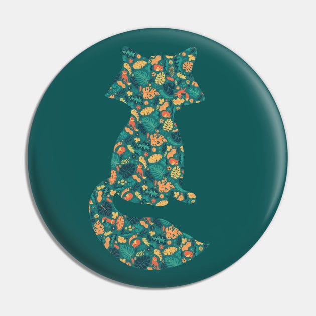 Foxes in a Colorful Jungle With Flowers - Silhouette Pin by zorrorojo