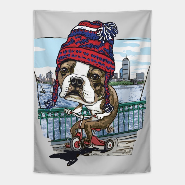 Boston Terrier Dog with Red, Blue and White Winter Beanie Tapestry by Mudge
