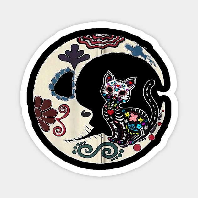 Cat & Moon Sugar Skull Dia De Los Muertos Zip Magnet by family love forever