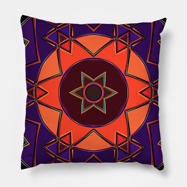 Cartoon Mandala Purple and Orange Pillow by WormholeOrbital