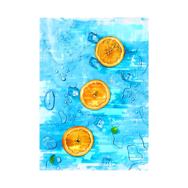 Oranges & Melting Ice Blocks Bright Blue - For Fruit Lovers. by ColortrixArt