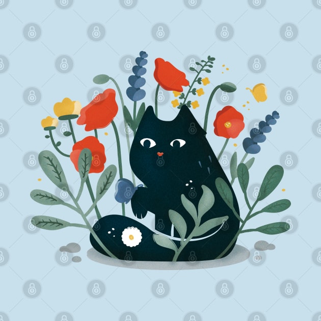 Black cat in the garden with flowers by crealizable