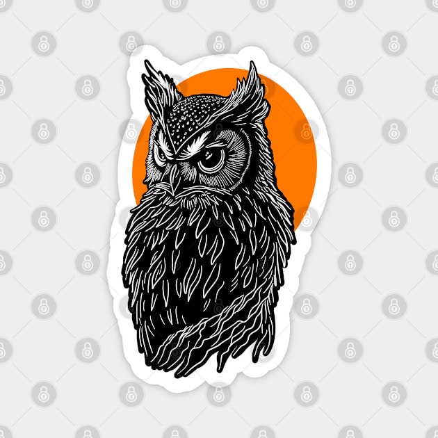 White Owl design in front of orange full moon. Magnet by DaveDanchuk