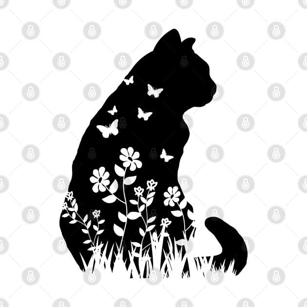 Cute Silhouette Cat With Flowers & Butterflies Pattern Graphic - Cat Lover Gift For Men, Women & Kids by Art Like Wow Designs