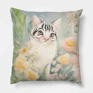 Black and White Cat in the Flower Garden Pillow