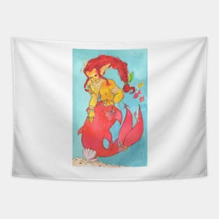 MerMay Red Braided Merman with Pearl Watercolor Tapestry