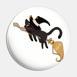 Halloween Black Cat flying with a Broom Pin