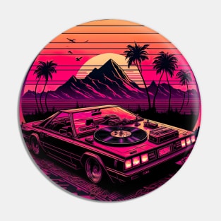 Retro Turntable Car Over Synthwave Sun Pin