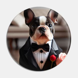 French bulldog wearing tuxedo and bow tie with pink rose Pin