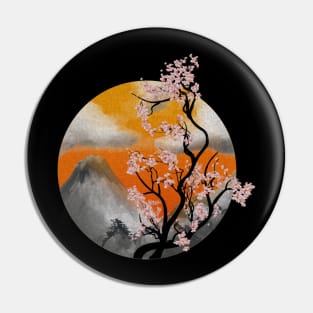 Japanese cherry tree watercolor painting with mountains Pin