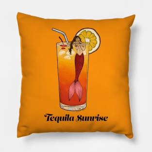 Tequila Sunrise Mermaid Cocktail Illustration Pillow