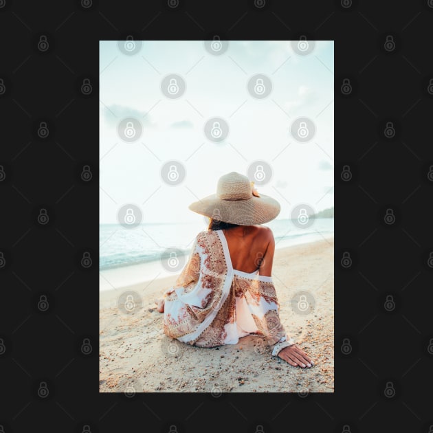 Elegant Woman Sitting on Beach and Watching the Ocean by visualspectrum