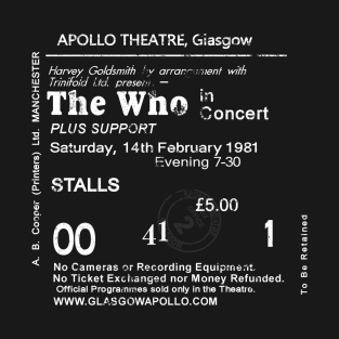 The Who Saturday 14th of February 1981 Glasgow Apollo UK Tour Ticket Repro T-Shirt