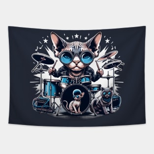 Devon Rex Cat Playing Drums Tapestry