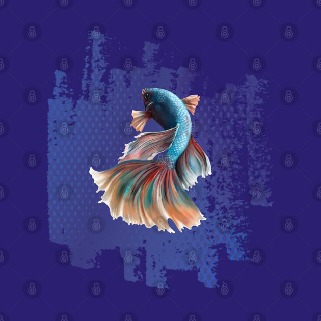 Beta Fish Blue with Rainbow Tail on Blue by Kylie Paul