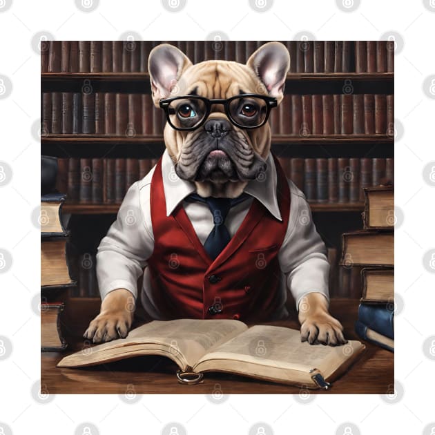 Chic French Bulldog: Hyperreal Red-Suit in Whimsical Library by BencDesignStudio