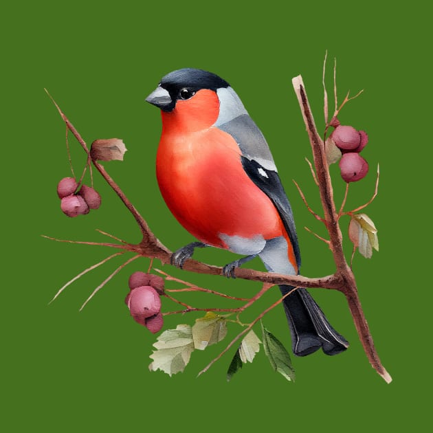 Watercolor Bullfinch on a Twig by KOTOdesign