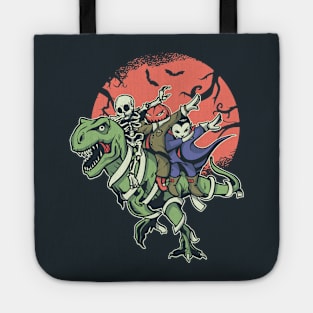 Fun Halloween Dabbing Vampire, Skeleton & Jack-o-Lantern Riding a T-Rex Tote