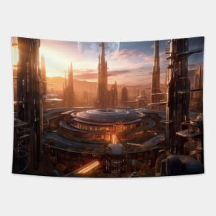 Celestial Babylon: Futuristic City of Wonders in Alien Moonlight Tapestry