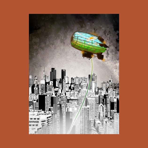 A Message green daisy blimp hovers over a cold gray city by sandpaperdaisy