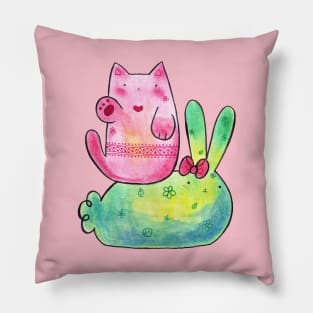 Pink Cat and Green Bunny Pillow