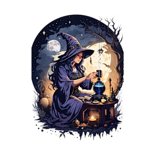 halloween Magic: The Witch Brewing Potion Under Full Moon T-Shirt