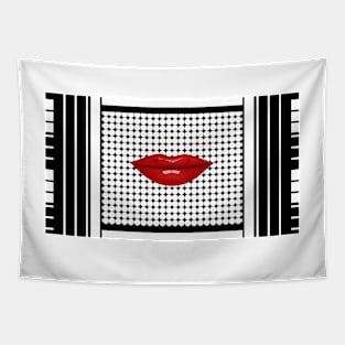 Lips , Polka , Kiss , Geometrical , Illusion , black and white Tapestry