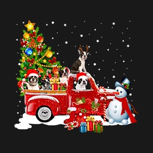 Boston Terrier On Red Truck Carrying Gift Funny Gift Christmas T-Shirt