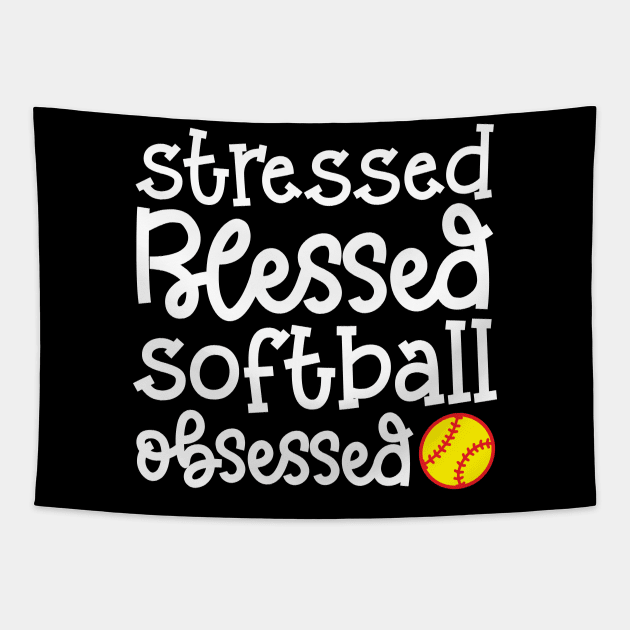 Stressed Blessed Softball Obsessed Girls Softball Mom Cute Funny Tapestry by GlimmerDesigns