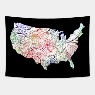 Colorful mandala art map of the United States of America on white background Tapestry